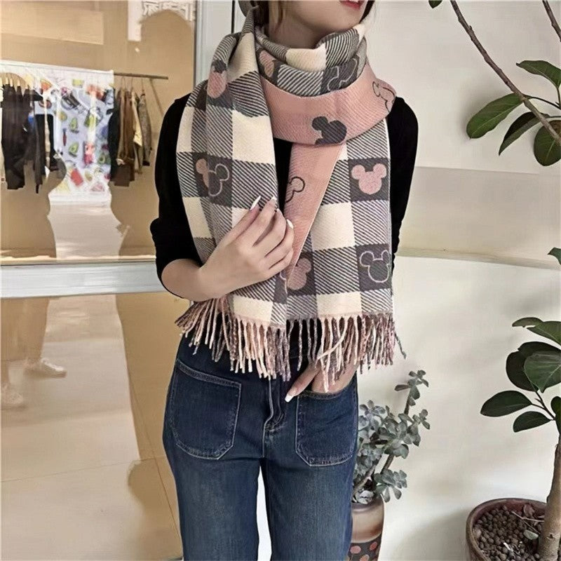 Lenço Feminino Kawaii Disney Mickey Lenço Macio de Caxemira Fofo Desenho Animado Moda Meninas Outono e Inverno Quente Cachecol Grosso Presentes