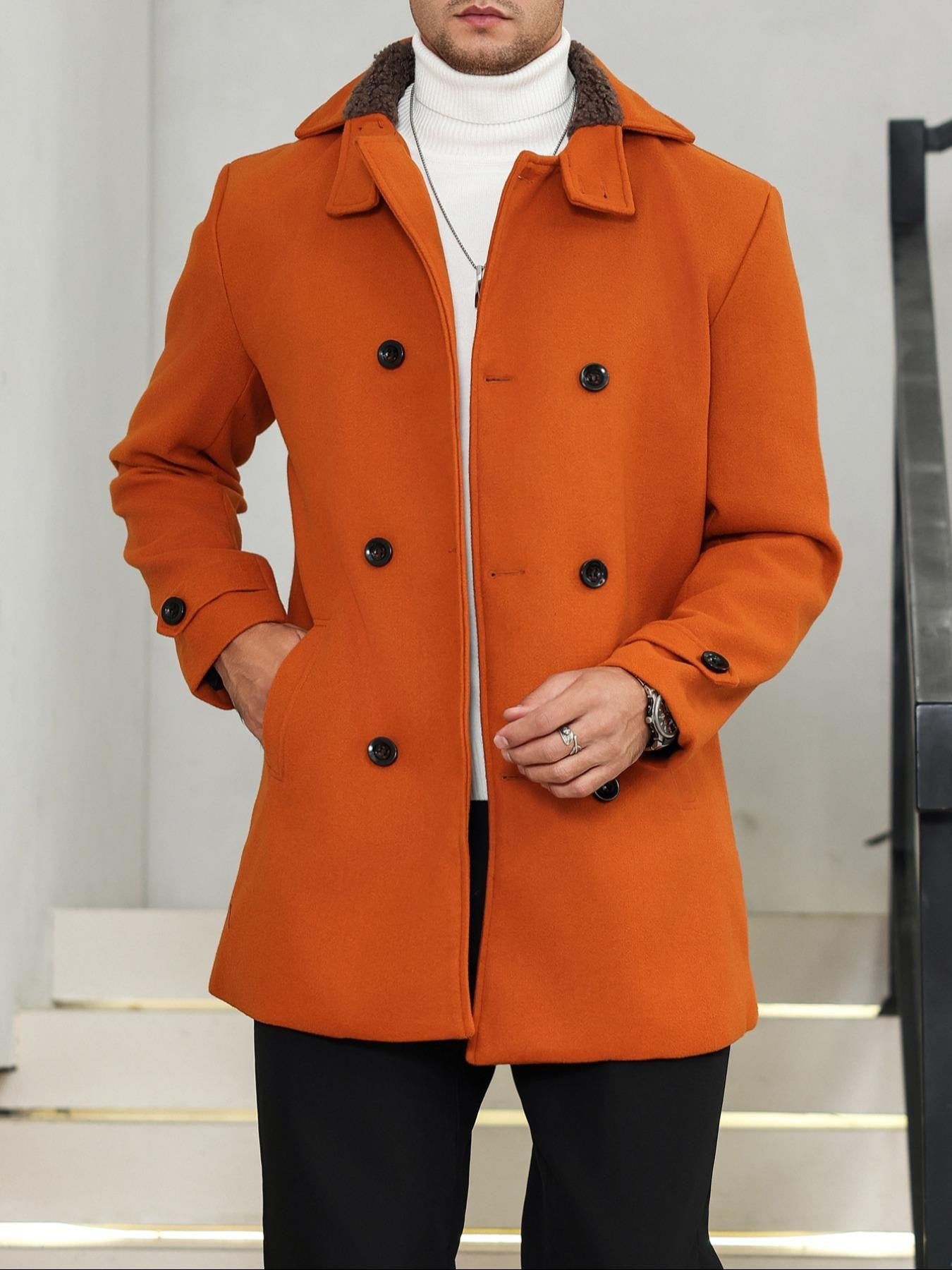 1 PCS Men's Woolen Overcoat, Open Front Coat with Fur Collar, Dual Button Design, Long Sleeve Casual Jacket with Pockets, Comfor