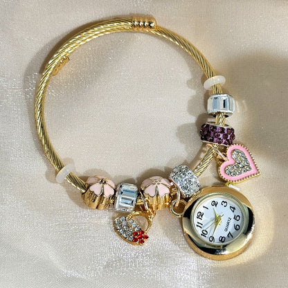 Cross-border Gold Bracelet Watch Adjustable opening Alloy bracelet Quartz Watch Beaded Small flower bracelet Watch