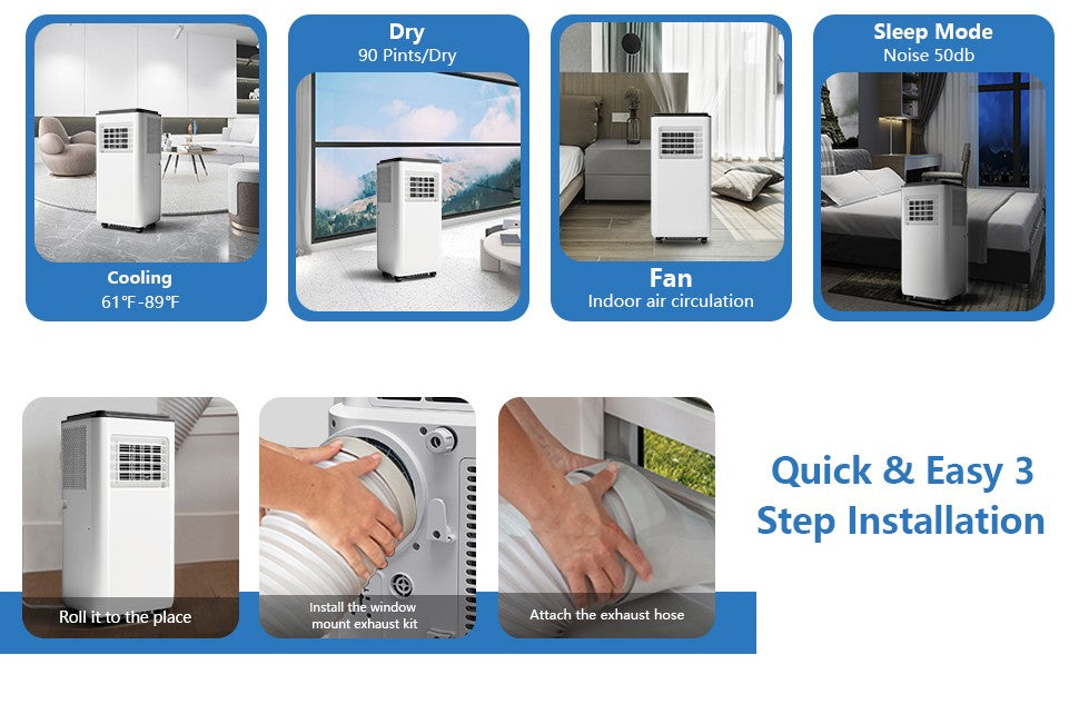 8000 BTU Portable Air Conditioner 3-In-1 Cooling Fan Dehumidifier Remote Control LED Display, Portable AC Unit for Home Office