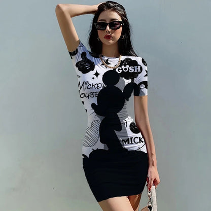 Women's Dress Casual Disney Cartoon Fashion Print Mickey 3XL Elegant Dresses for Women 2024 Top Sexy Slim Fit Minnie Mouse Tight