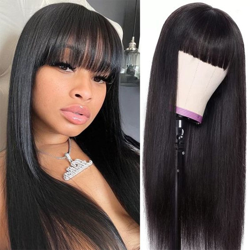 Peruca Full Lace Frontal 360 com Franja Lisa, Peruca Frontal de Renda Cabelo Humano Cru Com Franja, Perucas Brasileiras Sem Cola em Promoção/Liquidação