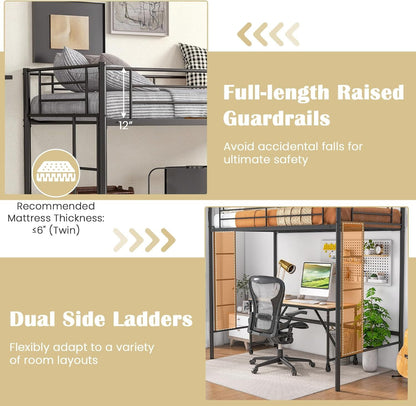 Metal Twin Size Loft Bed Frame with Dual Ladders & Safety Guardrail, No Box Spring Needed, Space-Saving for Juniors Teen