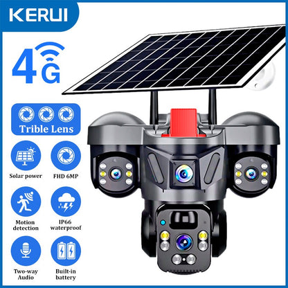 KERUI V380 Pro Outdoor PTZ 6MP WIFI 4G Solar Camera Home Security Triple Lens Camera Solar Panel CCTV Video Surveillance