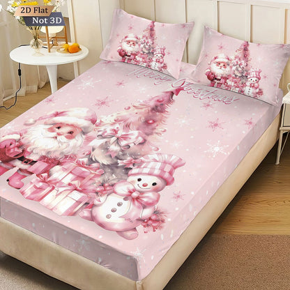 3pcs pink Christmas snowman print coreless bed sheet set multiple sizes bed covers bedroom bedding decorations machine washable