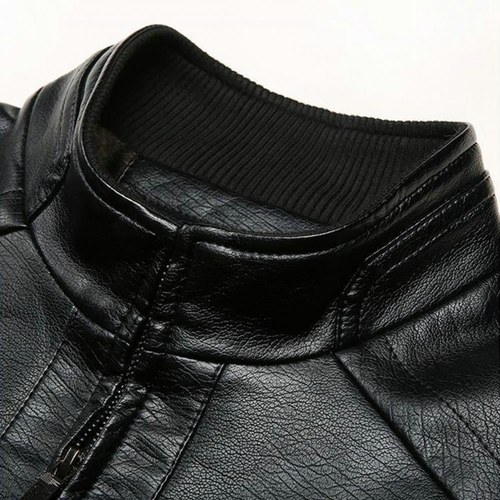 Men Faux Leather Jacket Men's Faux Leather Motorcycle Jacket with Stand Collar Thick Warm Lining Windproof Design for Autumn