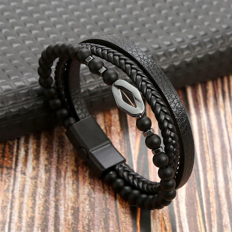 Pulseira de Couro Jiayiqi Masculina Punk Hip Hop Metal Charm Contas Olho de Tigre Pulseira Multicamadas para Homens Joia da Moda Presente