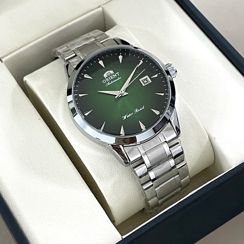 Orient Automático Masculino, Mostrador Preto, Pulseira de Aço Inoxidável, Relógio de Pulso Clássico de Negócios Resistente à Água com Exibição de Data