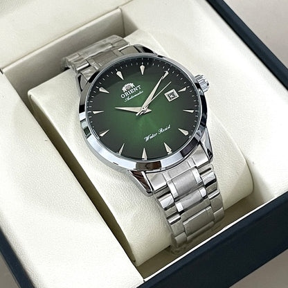 Orient Automático Masculino, Mostrador Preto, Pulseira de Aço Inoxidável, Relógio de Pulso Clássico de Negócios Resistente à Água com Exibição de Data