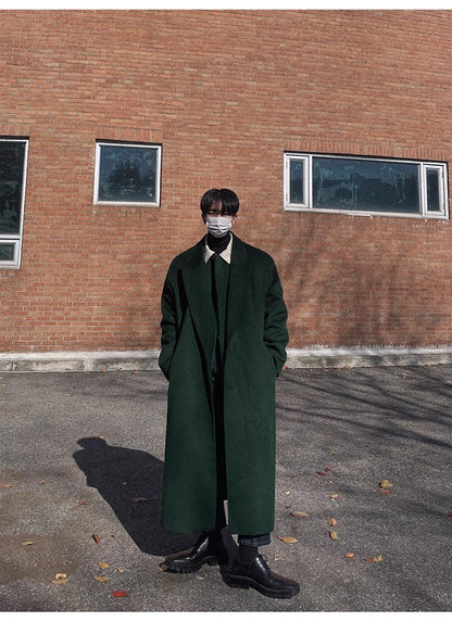 Mauroicardi Autumn Winter Long Warm Oversized Soft Dark Green Black Woolen Coat Men Loose Casual Korean Wool Blends Overcoat