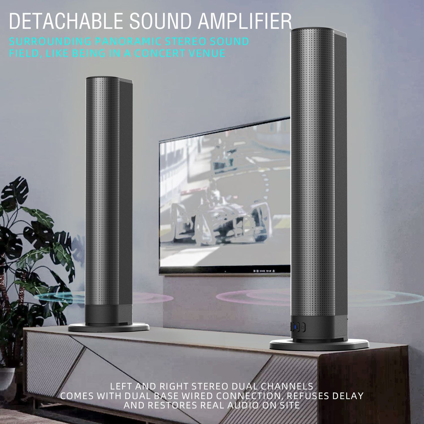 Soundbar estéreo para TV 2 em 1 destacável com Bluetooth, rádio FM e separação em 2 caixas de som para uso em pedestal ou na horizontal