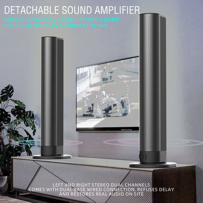 Soundbar estéreo para TV 2 em 1 destacável com Bluetooth, rádio FM e separação em 2 caixas de som para uso em pedestal ou na horizontal