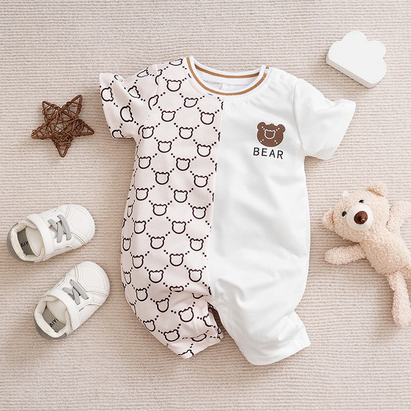 Roupas de Recém-Nascido Macacão de Ursinho de Pelúcia Desenho Animado Patchwork Confortável e Macio Verão Meninos e Meninas 0-18 Macacão de Bebê Manga Curta