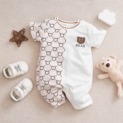 Roupas de Recém-Nascido Macacão de Ursinho de Pelúcia Desenho Animado Patchwork Confortável e Macio Verão Meninos e Meninas 0-18 Macacão de Bebê Manga Curta