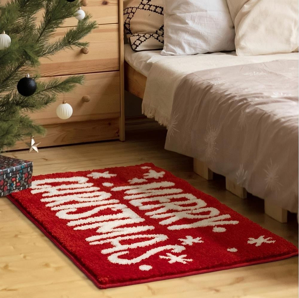 VIKAMA Red Christmas Living Room Decorative Carpet Anti-slip Fuzzy Bedside Rug for Bedroom Bathroom Floor Mat Home Decoration