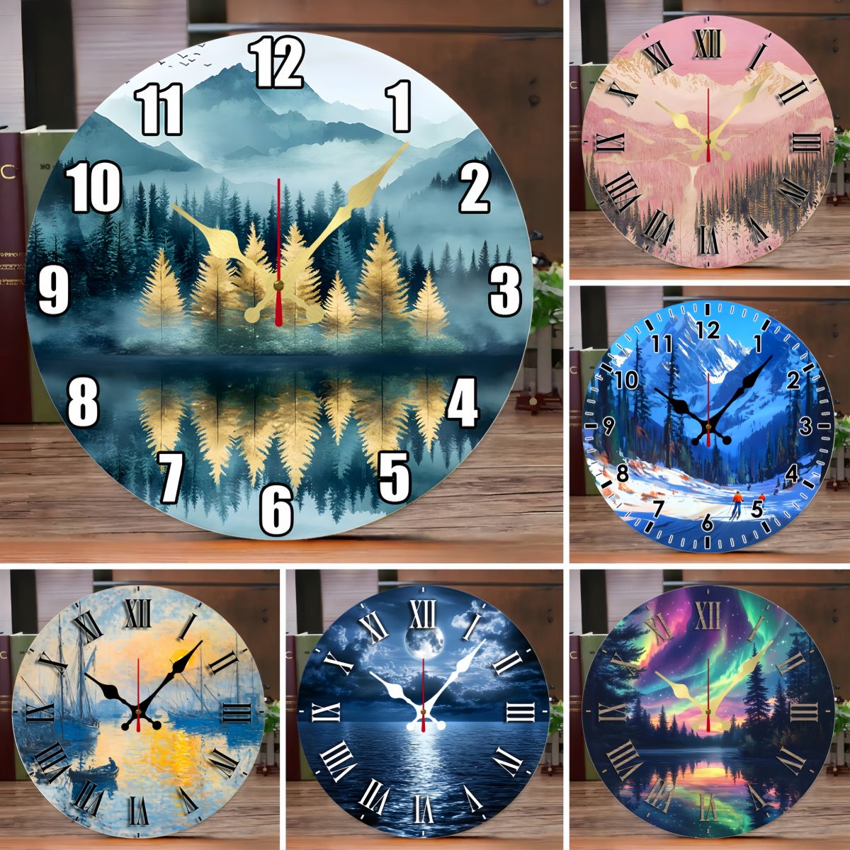 Natural Scenery Wooden Round Silent Hanging Wall Clock,Suitable For Living Room,Office,Study Room,Bedroom,Home Decoration