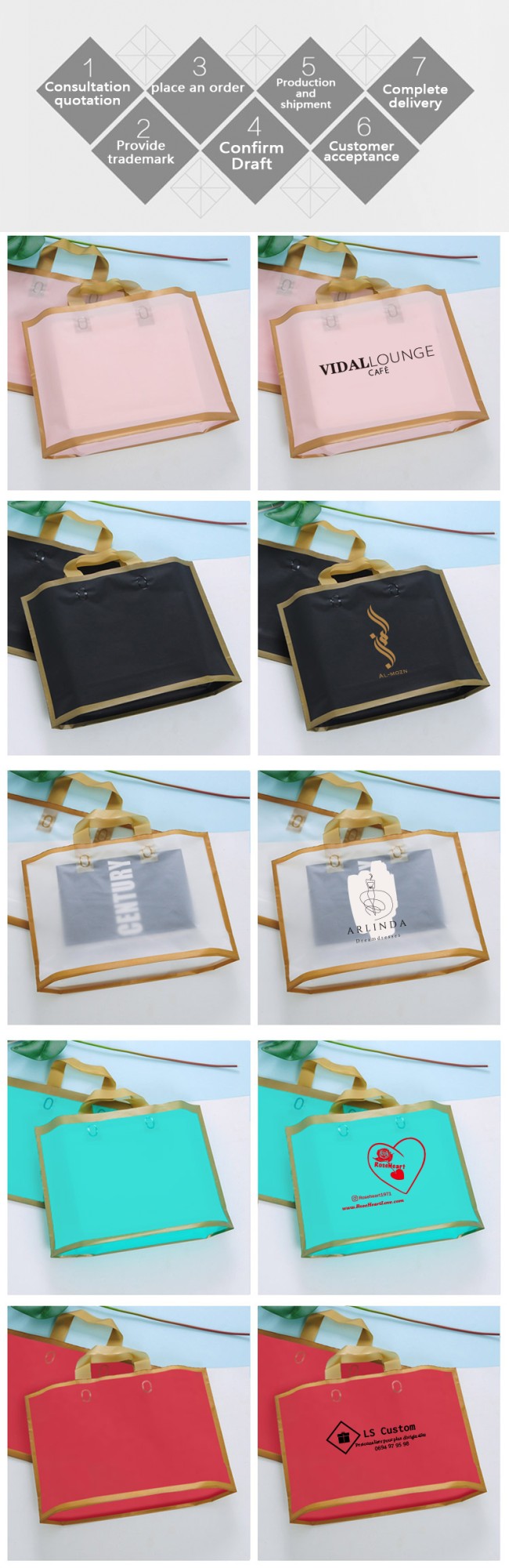 50pcs custom logo gold edge frosted shopping bags plastic gift bags clothing packaging bags design printed monochrome logo