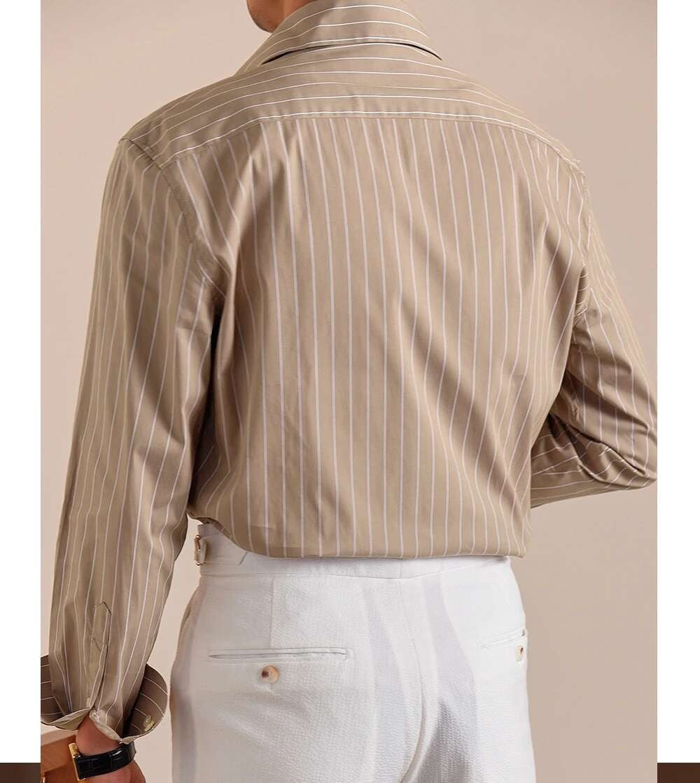 Cotton Blend Striped Casual Italian Style One Piece Collar Long Sleeved Shirt Men High Count Cotton Gentleman Business Shirt Men