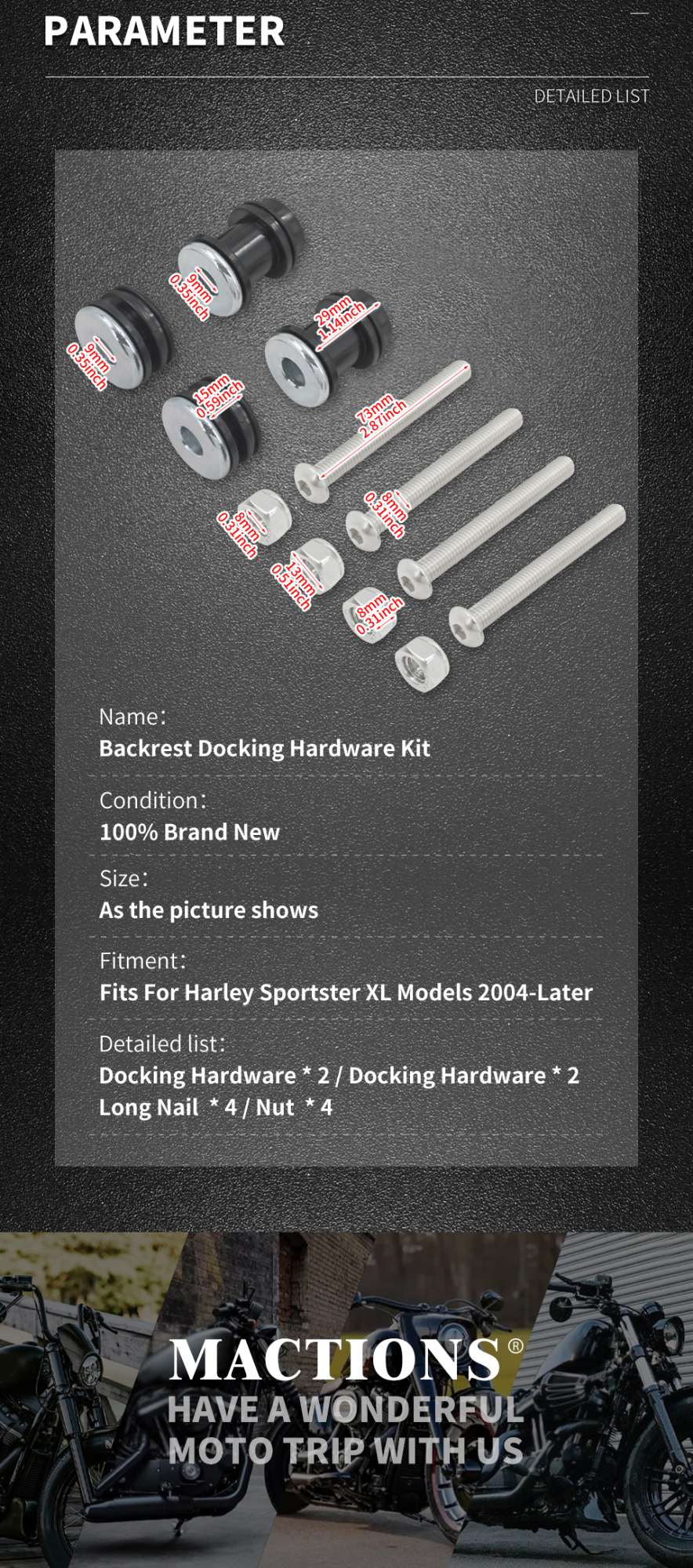 Motorcycle Sissy Bar Rack Backrest Docking Hardware Mounting Kit Detachable For Harley Sportster XL 1200 883 Low XL883 2004-2024