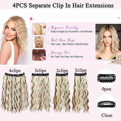 Conjunto de 4 Peças de 11 Extensões de Cabelo com Clip, Extensões de Cabelo com Clip, Perucas Sintéticas Curtas Macias Naturais de 12 Polegadas de Alta Temperatura com Clip