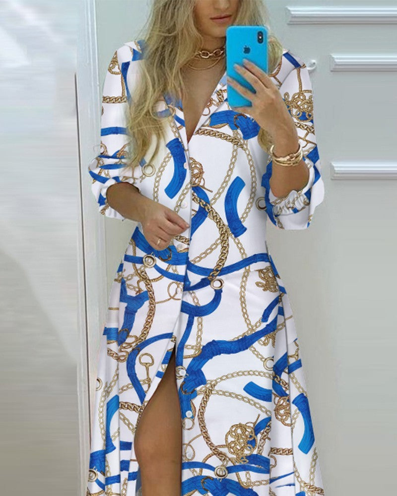 2024 Spring Autumn Sexy Polo Neck Shirt Dress Women's Long Sleeve Retro style Personalized Print Dress Casual Shirt Dress