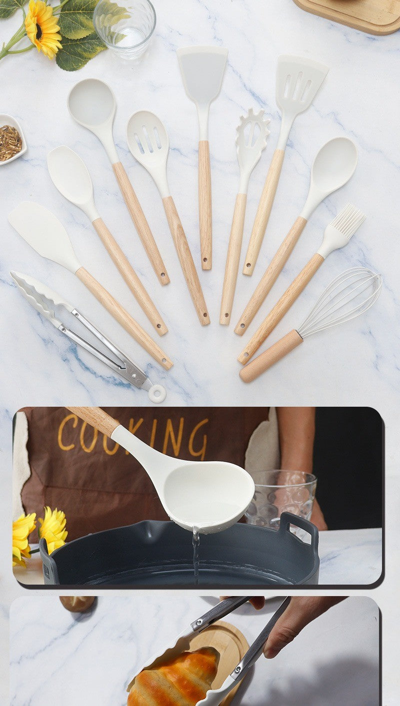 Conjunto de utensílios de cozinha de silicone, 19 peças com cabo de madeira, espátula, panela antiaderente e balde de armazenamento de facas multiuso integrado