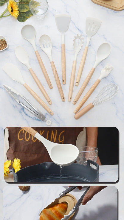 Conjunto de utensílios de cozinha de silicone, 19 peças com cabo de madeira, espátula, panela antiaderente e balde de armazenamento de facas multiuso integrado