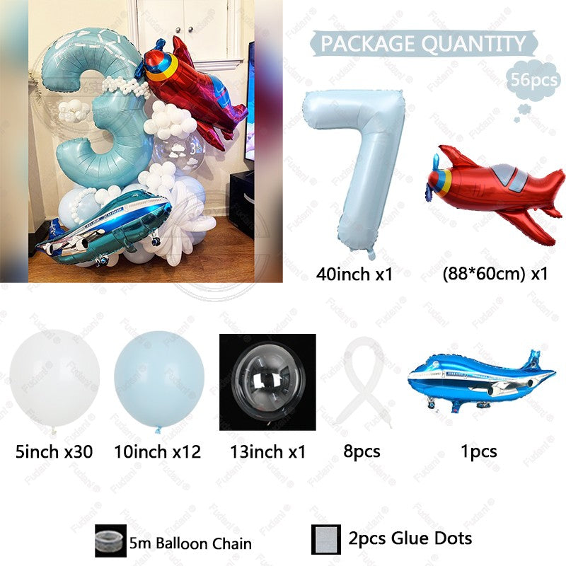 56Pcs Airplane Themed Blue Digital Balloon Set 1-9 Birthday Party Decoration baby Shower Globos Gift Shooting Props