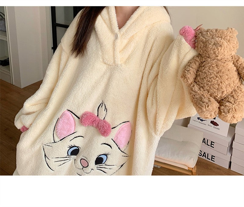 Camisola de Gatinha Marie da Disney Kawaii Desenho Animado Feminino Inverno Veludo Coral Longo Veludo Grosso Solto com Capuz Robe de Banho