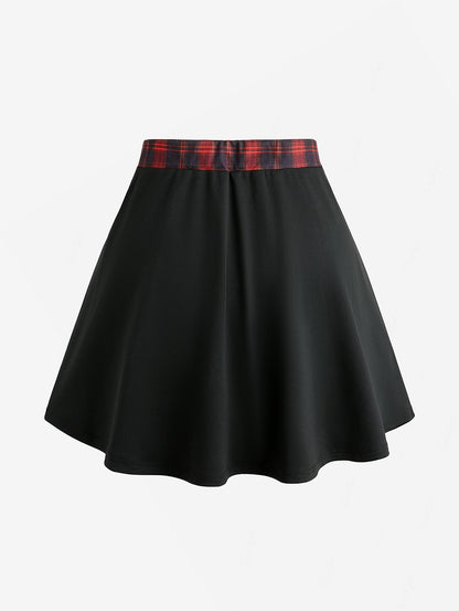 ROSEAGL Plus Size Plaid Patchwork Grommets PU Leather Stripes Asymmetrical Skirt Female Casual Large Size Women Y2K Skirts