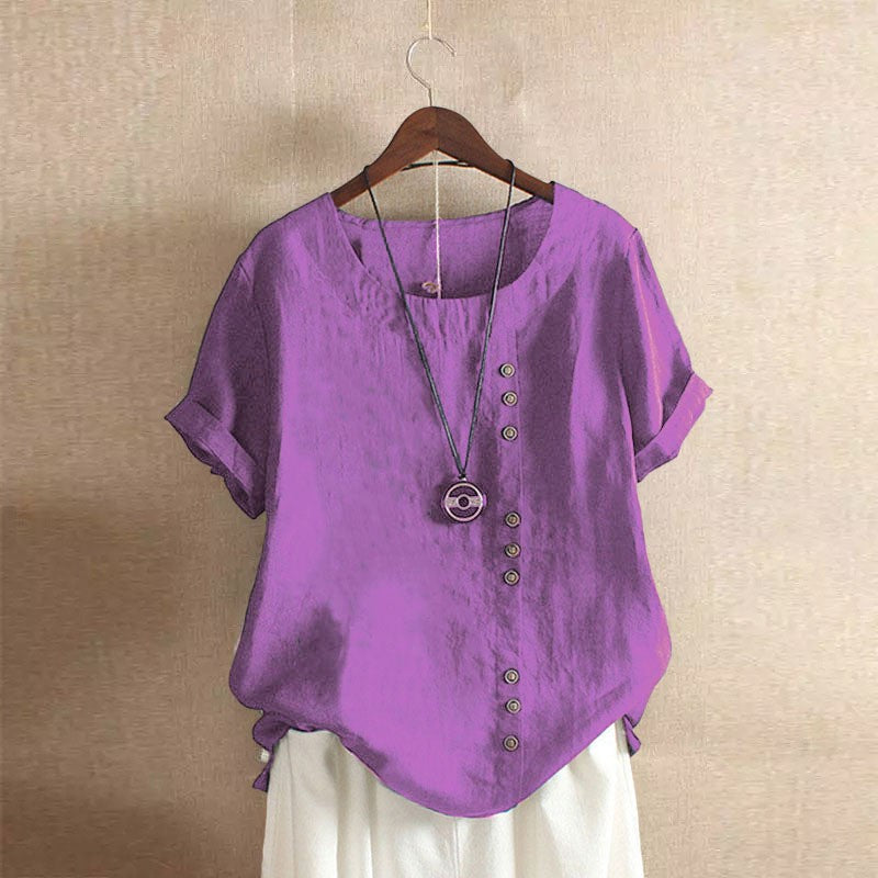 Women's Cotton Linen Top Summer Casual Loose Fitting Button Short Sleeve Solid Color Pullover Blouse Femme Blusas Camisa Mujer