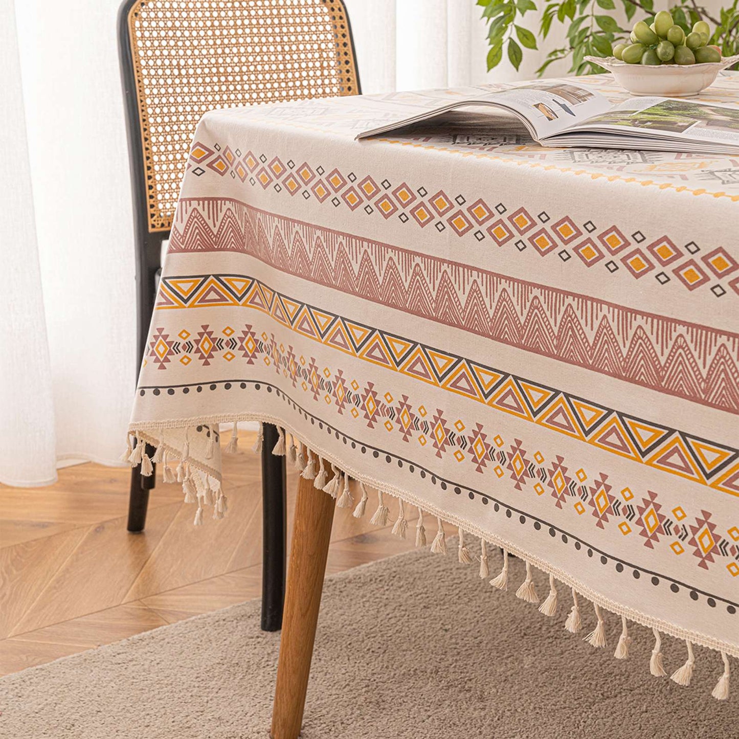 Vintage Boho Tassel Table Cloth Waterproof Cotton Linen Bohemian Tablecloth Patio Outdoor Wrinkle Free Table Protector Covers