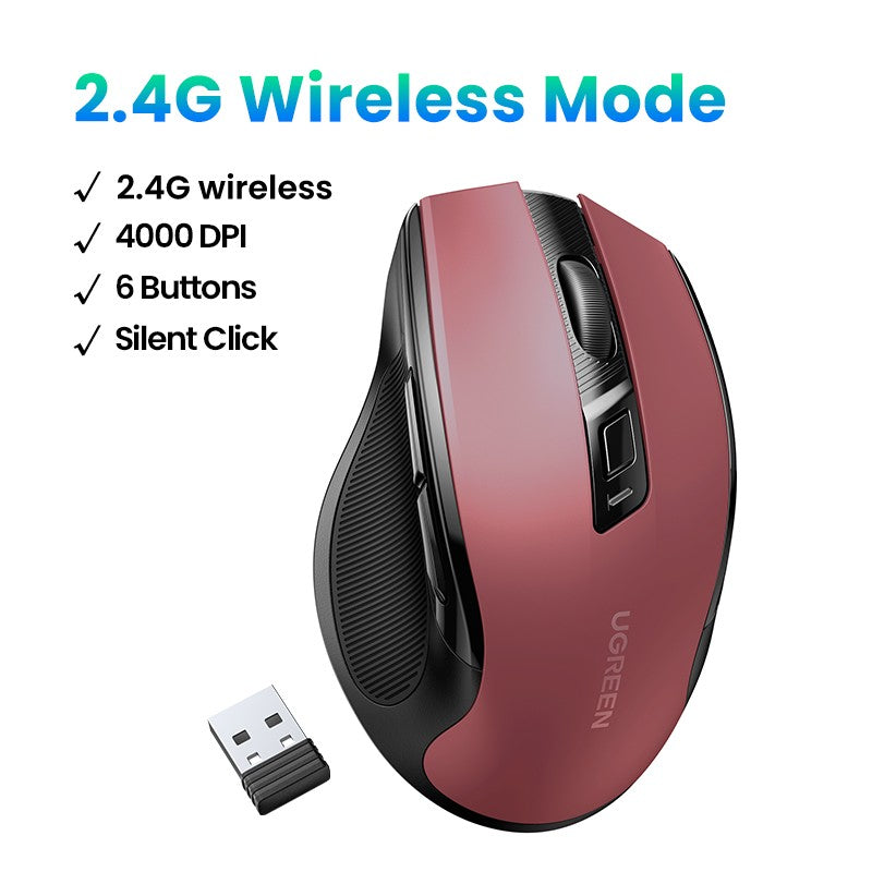 Mouse sem fio UGREEN Bluetooth 5.0 Mouse ergonômico 4000DPI 6 botões silenciosos Mouse para MacBook Tablet Laptops Computador PC 2.4G