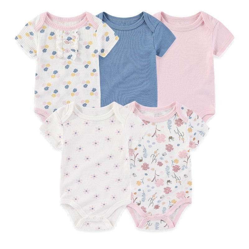 Unisex Bodysuits 4/5PCS Cotton Newborn Baby Girl Clothes Set Short Sleeve Print Baby Boy Clothes Summer Solid Color Bebes