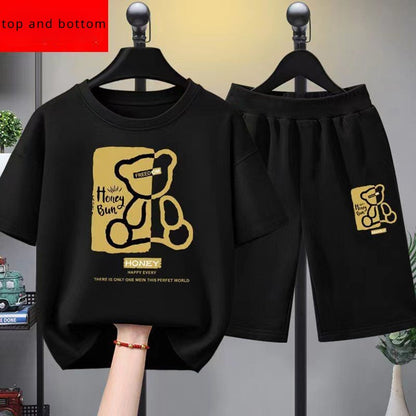 Conjunto de roupas de verão para bebês meninos, camiseta e shorts de urso estampado de desenho animado, 2 peças, agasalho casual para crianças