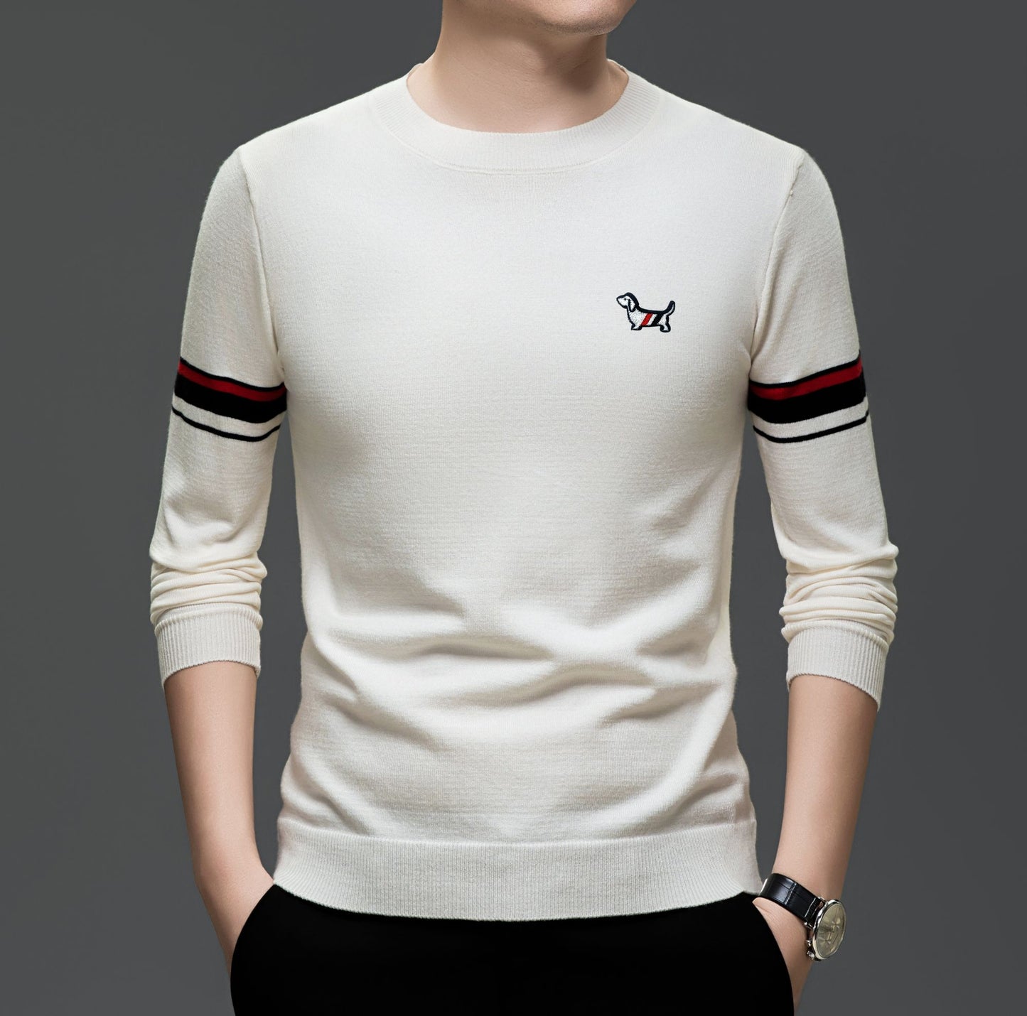 Hot Selling Original Quality Men's Knitted Sweater Striped Sleeves Cartoon Print O-Neck Pullover Autumn Winter Casual Menswear