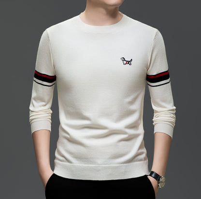 Hot Selling Original Quality Men's Knitted Sweater Striped Sleeves Cartoon Print O-Neck Pullover Autumn Winter Casual Menswear