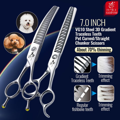 Fenice Tesoura para Tosar Pet Chunker Curva/Reta de 7.0 Polegadas com Dentes 3D Sem Marca de Aço VG10, Parafusos de Rolamento