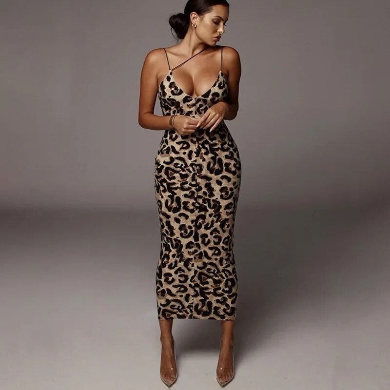 Dulzura Women Party Club Evening Streetwear Leopard Bodycon Midi Dress 2024 Summ