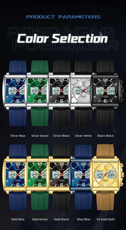 POEDAGAR Luxury Top Man Watch Electronic Square LED Alarm Chronograph Men's Watches Week Date Dual Time Display Men Quartz Clock