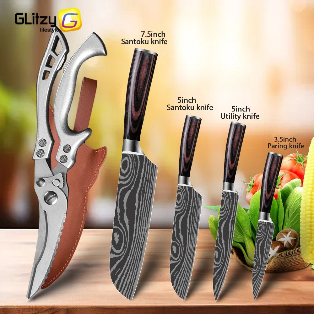 Conjunto de Facas Japonesas com Bloco e Amolador de 8 polegadas, Facas de Cozinha de Aço Damasco a Laser com Tesoura de Cozinha e Cabo de Madeira