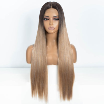 FREEDOM Synthetic Lace Front Wigs For Women Ombre Brown Highlight Long Straight Lace Wig Heat Resistant Cosplay Wigs