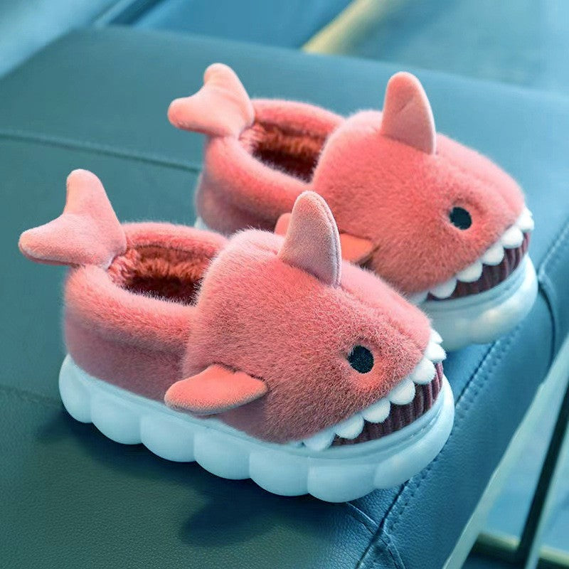 Winter Heel Wrap Cotton Children's Slippers Cute Cartoon Shark Non-slip Soft Sole Kids Boys Girls Junior Warm Plush Home Shoes