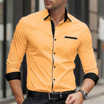 New men's formal button up shirt long sleeved solid color lapel for spring and autumn weddings, daily pocket patchwork clothing
