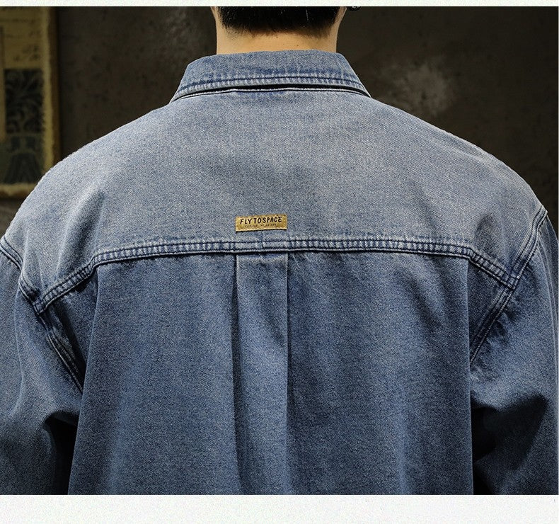 American Sle Heavyweight Men's Denim irt Loose Workwear Jaet Casual Long Sve Breathable Moisture ng Pure Color