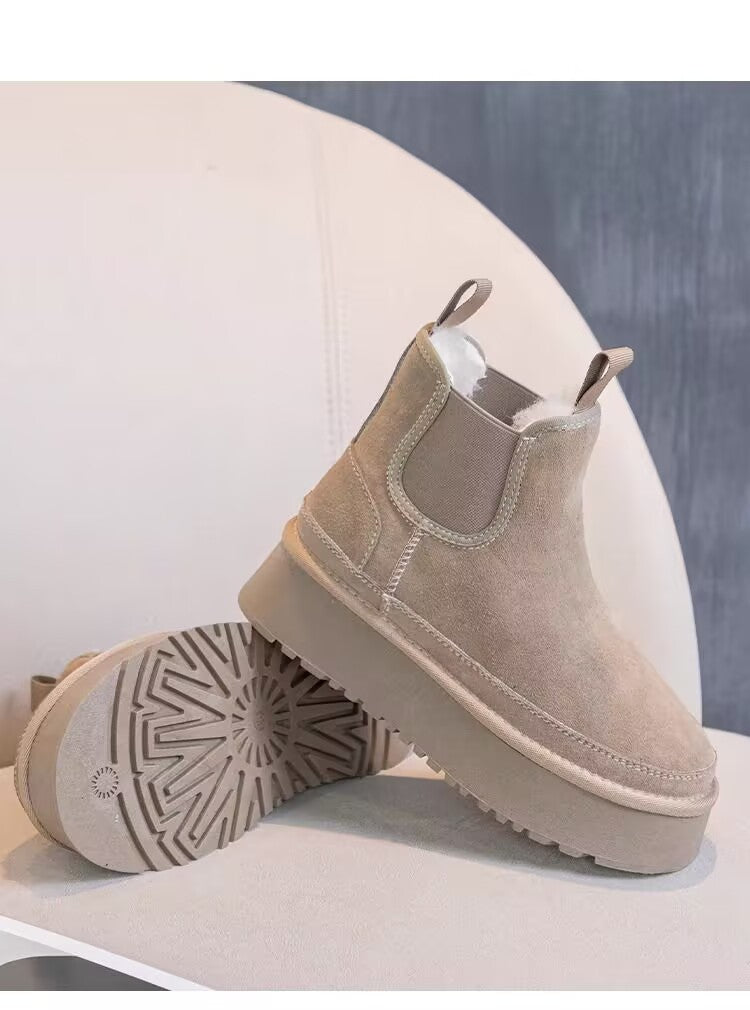 2024 Winter New Leather Thick Sole Chelsea Snow Boots Women's Fashion All-in-one Thick Fleece Warm Snow Cotton Shoes