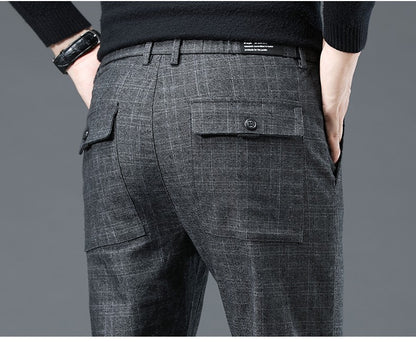 Autumn Winter New Fleece Thickened Casual Pants Men Business Straight Slim Plaid Pants Black Gray Men's Warm Trousers