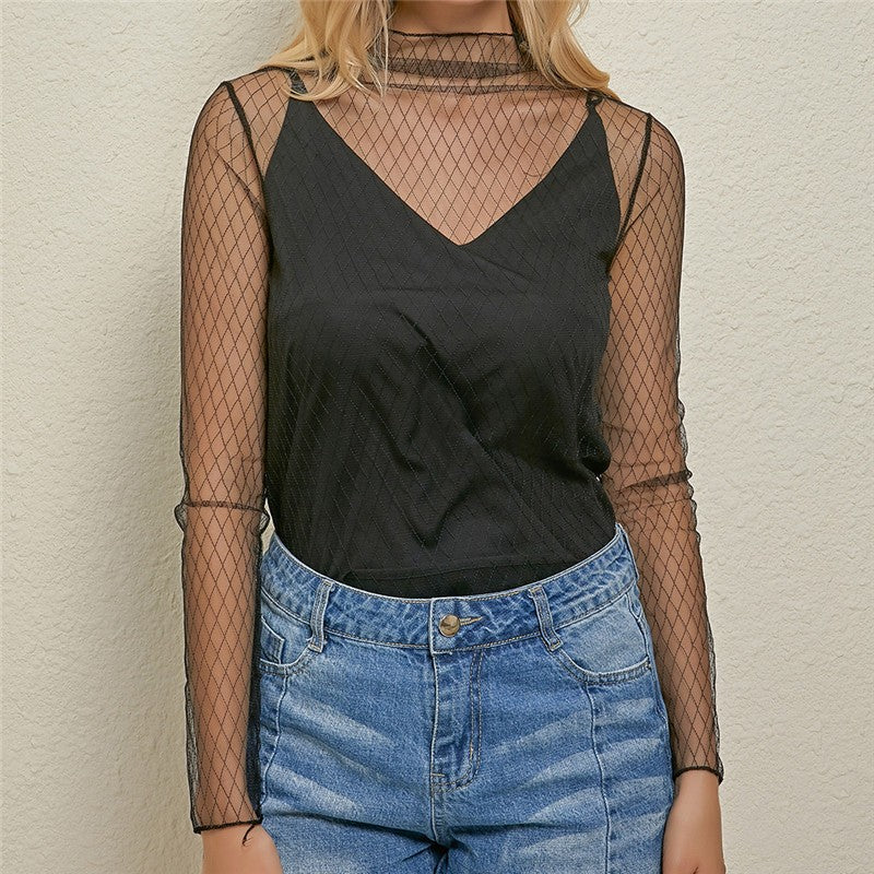 Women's Sexy Mesh Sheer Lace Blouses Perspective Long Sleeve Stand Collar Mesh Tops Striped Polka Dot Stars Party Tee Blouses