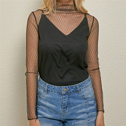 Women's Sexy Mesh Sheer Lace Blouses Perspective Long Sleeve Stand Collar Mesh Tops Striped Polka Dot Stars Party Tee Blouses