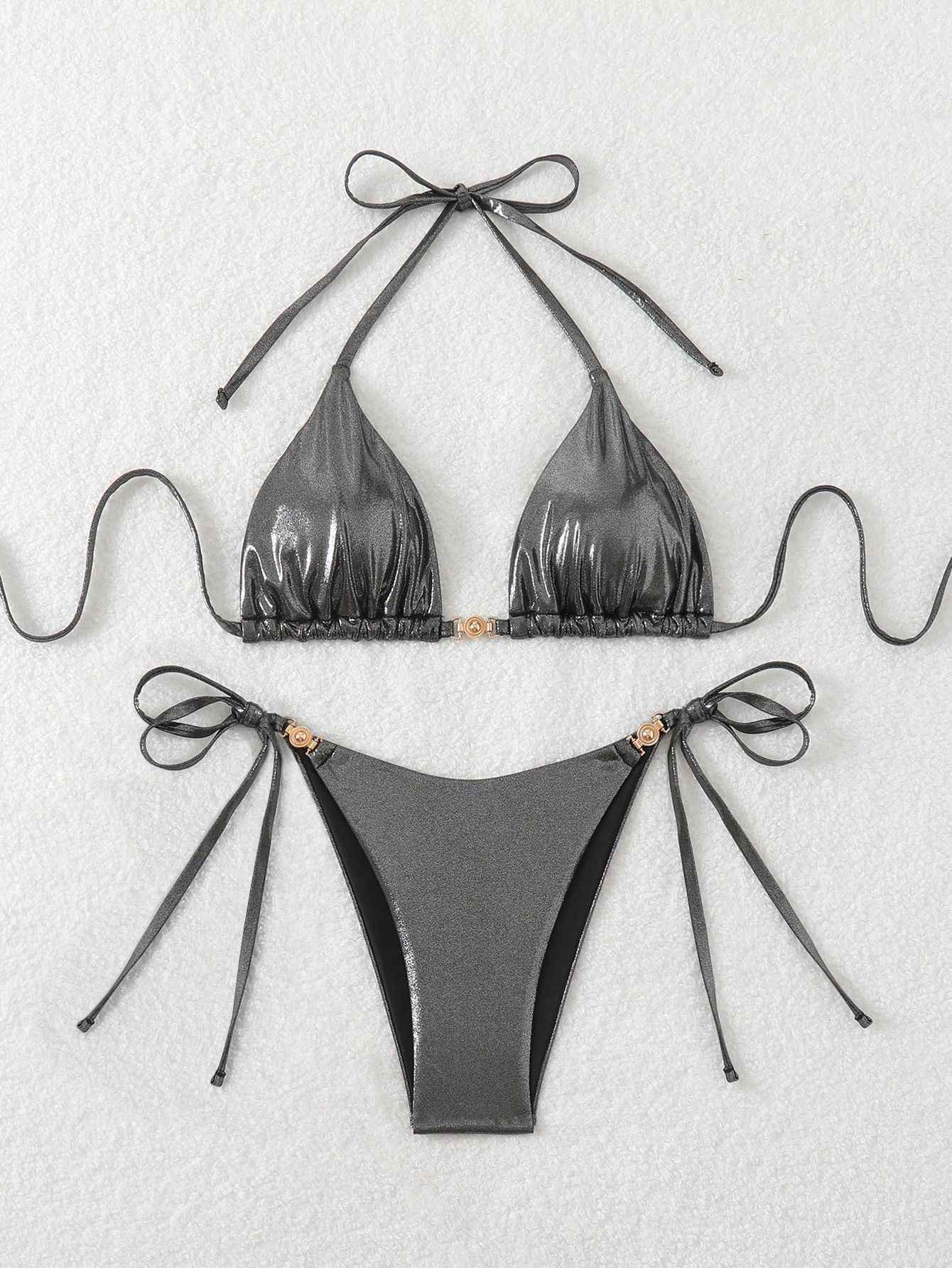 Sexy Black Brozing Bikini Set Women Summer Push Up Bra Tie Side Thong Swimsuit Beach Bathing Suit Holiday Swimwear Biquini